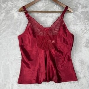 Red Satin Lace Trim Cami Tank Top Women's M